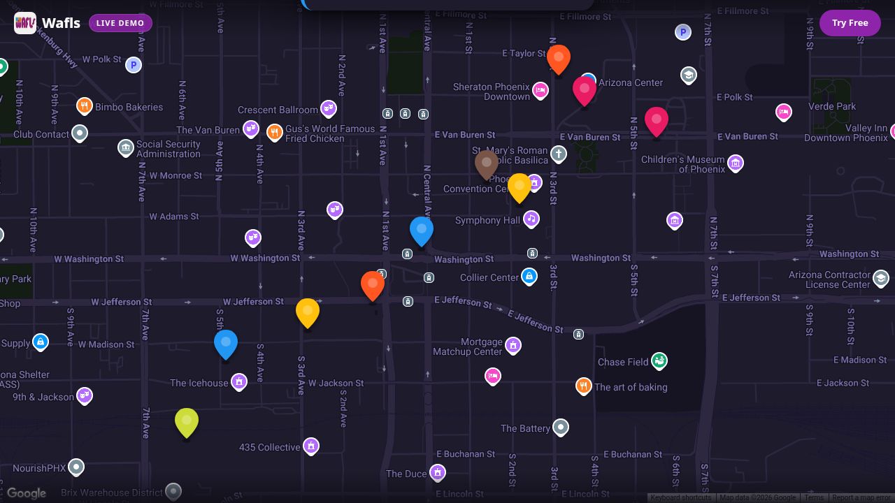 Wafls app showing location reminders on a dark map